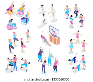 Isometric icons set with male and female people doing sports in gym and at home isolated on white background 3d  vector illustration