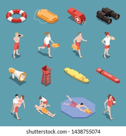 Isometric icons set with male and female beach lifeguards and their inventory 3d isolated vector illustration