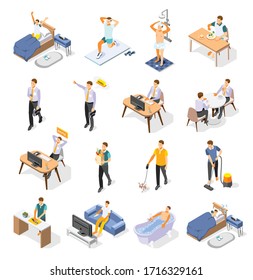 Isometric icons set with man and his daily routine during work day isolated on white background 3d vector illustration