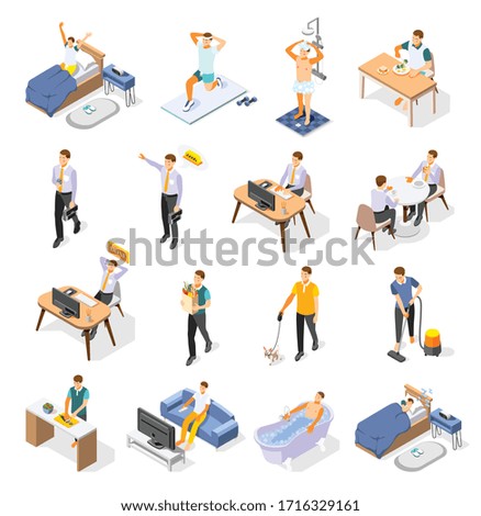 Isometric icons set with man and his daily routine during work day isolated on white background 3d vector illustration