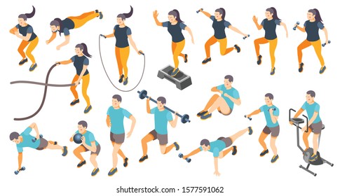 Iconos isométricos establecidos con hombres y mujeres haciendo entrenamiento cardiovascular aislados en fondo blanco Ilustración vectorial 3d