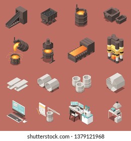 Isometric icons set with metal industry equipment 3d isolated vector illustration