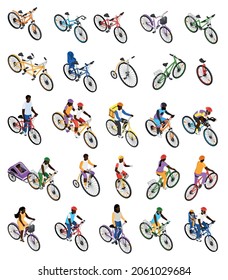 Isometric icons set with modern tandem high wheel bicycles unicycle and men women sportsmen courier riding bikes isolated vector illustration