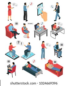 Isometric icons set with people during chatting by phone, in messengers and social networks isolated vector illustration   