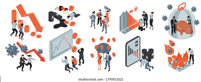 Isometric icons set with people suffered from world financial crisis isolated on white background 3d vector illustration