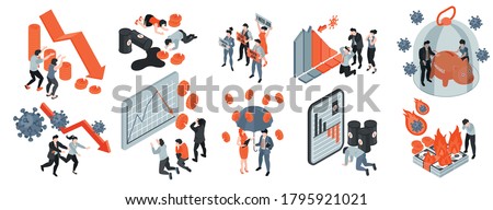 Isometric icons set with people suffered from world financial crisis isolated on white background 3d vector illustration