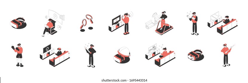 Isometric icons set with people in virtual reality glasses playing doing sports watching films isolated 3d vector illustration