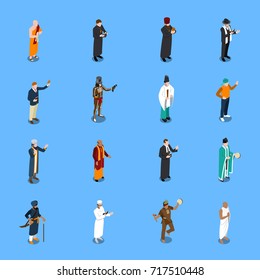 Isometric Icons Set With People From World Religion In Traditional Clothing On Blue Background Isolated Vector Illustration