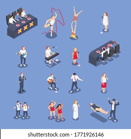Isometric Icons Set With Performing Talent Show Contestants And Judges Isolated On Blue Background 3d Vector Illustration