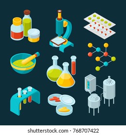 Isometric Icons Set Of Pharmaceutical Industry And Scientific Theme. Chemistry Isometric Laboratory, Scientific Medicine Elements. Vector Illustration