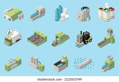 Isometric icons set with plastic production recycling transportation and processing plant equipment isolated on blue background 3d vector illustration