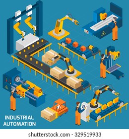 Isometric Icons Set With Robotic Machinery And  Operators Of  Machine With Control Software  Vector Illustration