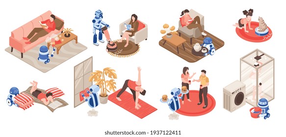 Iconos isométricos con robots limpiando el hogar sirviendo comida en casa aislados en ilustración vectorial de fondo blanco