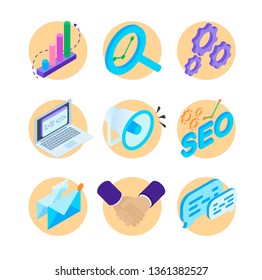 Isometric icons set SEO of data analytics. Flat 3D style isolated on white background. Ideal for web pages. Modern vector isometric illustration