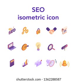 Isometric icons set SEO of data analytics. Flat 3D style isolated on white background. Ideal for web pages. Modern vector isometric illustration