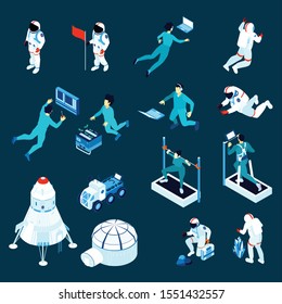 Isometric icons set with spacemen at cosmic station and in outer space isolated on dark background 3d vector illustration