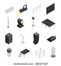 Isometric icons set of stage elements different stands with microphones spotlights speakers and construction isolated vector illustration