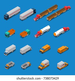 Isometric icons set with trucks for transportation timber, fuel, construction cargo isolated on blue background vector illustration