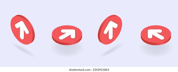 Isometric icons set of upload buttons. 3d file loading pictograms presented at different angles. Up arrow in red circle as file uploading, data transfer symbol. Vector illustration