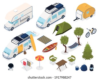 Isometric Icons Set With Vehicles Outdoor Furniture Appliances For Trailer Park 3d Isolated Vector Illustration