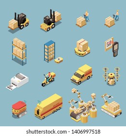 Isometric icons set with warehouse equipment and transport for goods delivery isolated on blue background 3d vector illustration