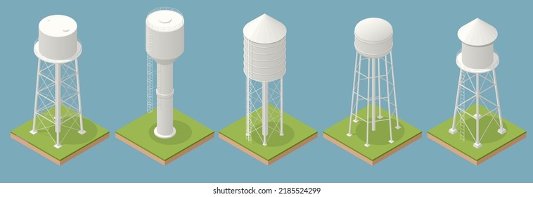 Isometric icons set water towers   water tank constructed at height sufficient to pressurize distribution system for potable water    to provide emergency storage for fire protection 