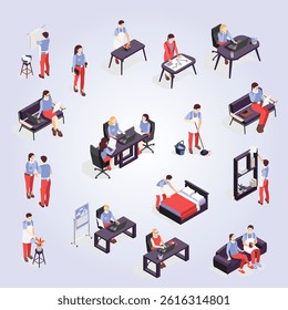Isometric icons set with working at office wife and house husband isolated on white background 3d vector illustration