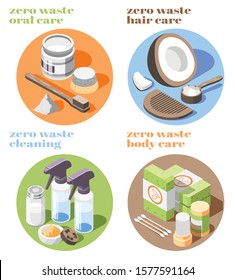 Isometric icons set with zero waste products for cleaning body and hair care 3d isolated vector illustration