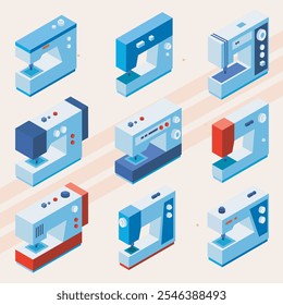 Iconos isométricos de máquinas de coser y herramientas relacionadas.