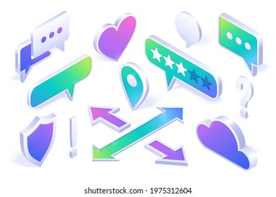 Isometric icons shield, cloud, speech bubbles and question mark, crossed arrows, rate stars, navigation pin and heart. Computer security, messenger or map application isolated 3d vector signs set