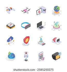 Isometric icons showcase various modern technologies.