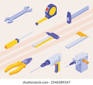 Isometric icons showing repair work tools and equipment.