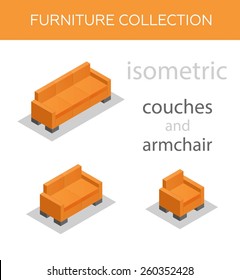 Isometric icons of a sofa and an armchair, vector. 