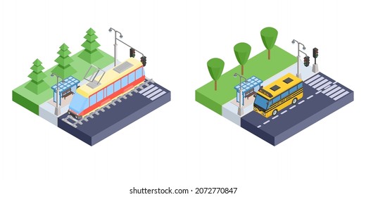 isometric icons stop transport tram and bus. vector stock image