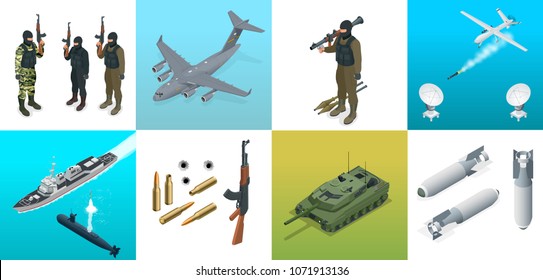 Isometric Icons Submarine, Aircraft, Soldiers. Set Of Military Equipment Flat High Quality Military Vehicles Transport.