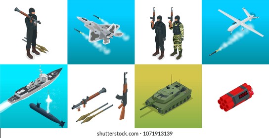 Isometric Icons Submarine, Aircraft, Soldiers. Set Of Military Equipment Flat High Quality Military Vehicles Transport.