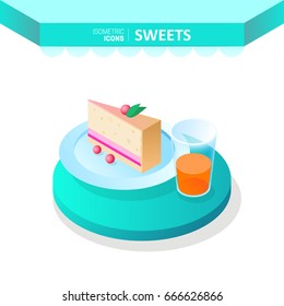 Isometric icons - sweets. Piece of fruit pie on a plate and a glass of juice for web, mobile app, logo, infographics