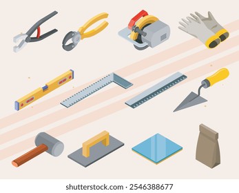 Iconos isométricos de herramientas utilizadas para el trabajo de teselado.