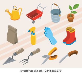 Isometric icons of various garden tools and equipment.