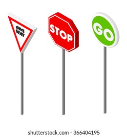 Isometric icons various road sign. European and american style design. Vector illustration eps 10.