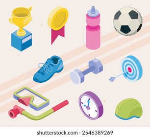 Isometric icons of various sports and sports equipment.