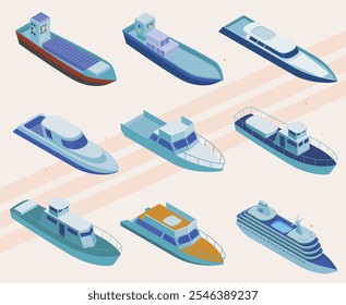 Isometric icons of various types of ships and sea vessels.