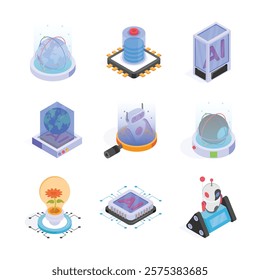 Isometric icons visually represent various facets of artificial intelligence technology.