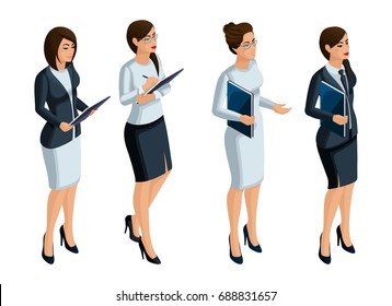 Isometric icons of the woman's emotions, 3D businesswoman, CEO, attorney. Expression of the face, make-up. Qualitative isometry of people for vector illustrations.