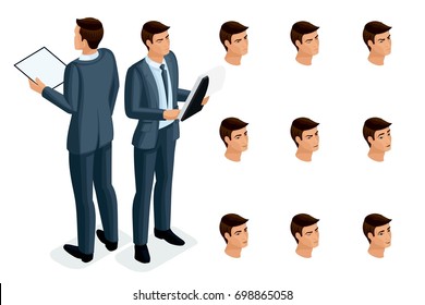 Isometric icons of woman's emotions, 3D body front view and rear view, face, eyes, lips, nose. Facial expression. Qualitative isometry of people for vector illustrations.