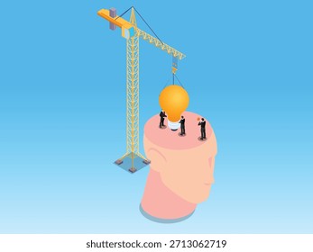 Isometric Idea Generation and Creative Brainstorming Concept with Crane Lifting a Lightbulb onto a Head 3d isometric vector illustration