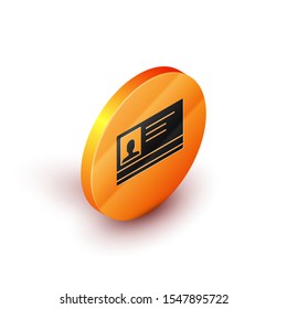 Isometric Identification badge icon isolated on white background. It can be used for presentation, identity of the company, advertising. Orange circle button. Vector Illustration