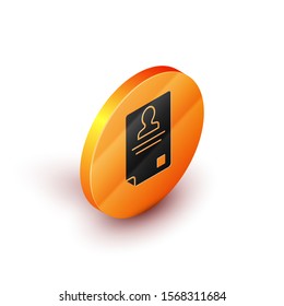 Isometric Identification badge icon isolated on white background. It can be used for presentation, identity of the company, advertising. Orange circle button. Vector Illustration