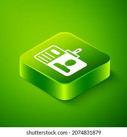 Isometric Identification badge icon isolated on green background. It can be used for presentation, identity of the company, advertising. Green square button. Vector