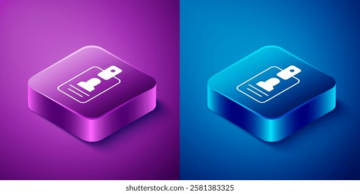 Isometric Identification badge icon isolated on blue and purple background. It can be used for presentation, identity of the company, advertising. Square button. Vector